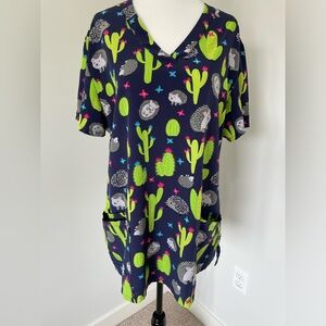 Zinnia Hedgehog and Cactus Themed Scrub Top - Size Large - Green and Blue